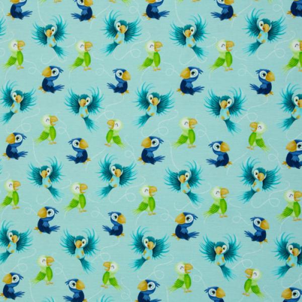 Baumwolljersey Ahoi Papageien auf Türkis von Mrs. Mint Design by Swafing